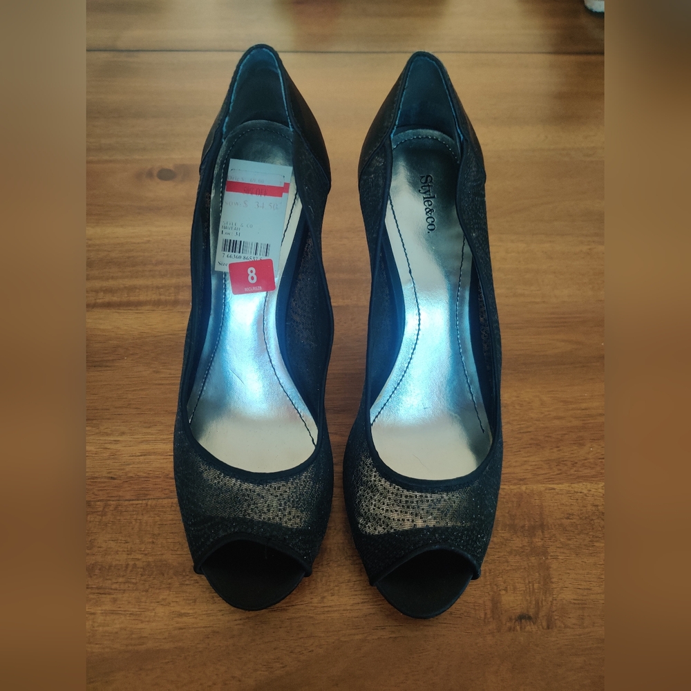 Style & Co. Black Heels w/Mesh Glitter Sides NWT